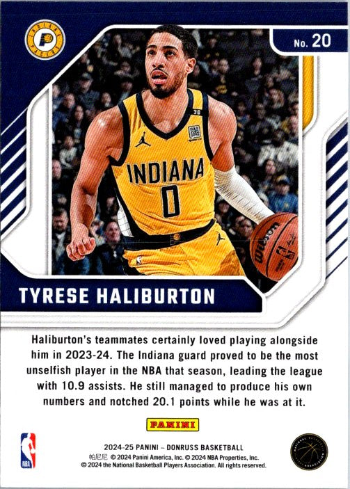 2024 Donruss Panini Tyrese Haliburton Basketball Card featuring Indiana Pacers player details
