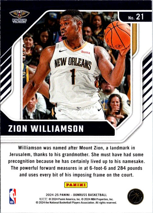 Zion Williamson trading card featuring the New Orleans Pelicans player in action with detailed stats