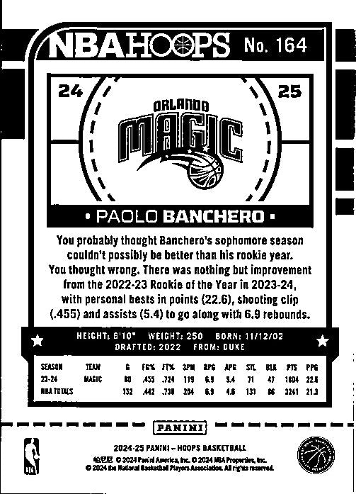 Paolo Banchero NBA card featuring his stats and profile from the 2024-25 Panini collection