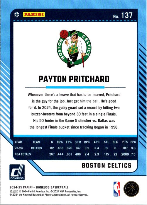 Payton Pritchard trading card from DONRUSS PANINI featuring player stats and Boston Celtics logo