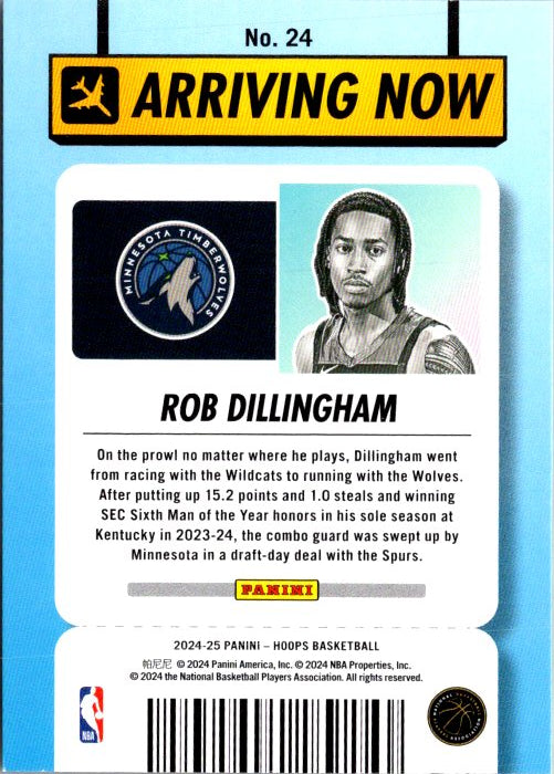 2024-25 PANINI Rob Dillingham trading card featuring player stats and team logo