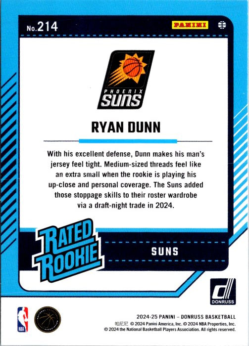 Ryan Dunn rookie card from Donruss Panini featuring Phoenix Suns details and player biography