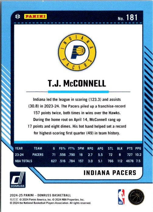 T.J. McConnell trading card from Donruss Panini featuring stats and highlights for the Indiana Pacers