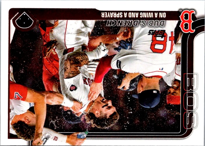 Topps 312 Boston Red Sox collectible baseball card featuring players celebrating a victory