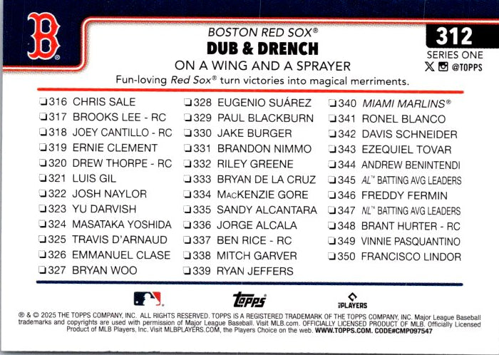 Topps 312 Boston Red Sox collectible featuring players and stats for fans and collectors