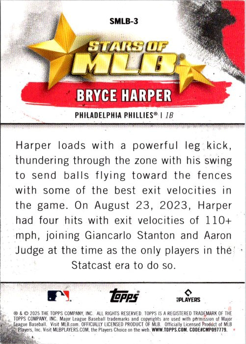 Bryce Harper MLB trading card showcasing stats and highlights from his performance with the Philadelphia Phillies