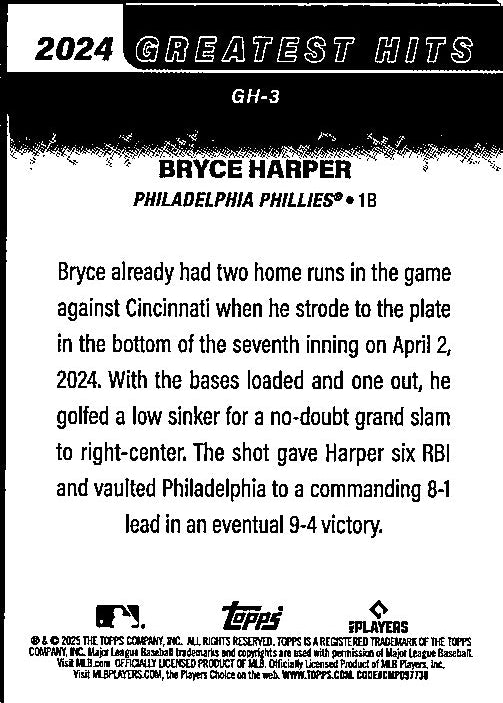 2024 Topps Bryce Harper trading card featuring highlights from his performance against Cincinnati