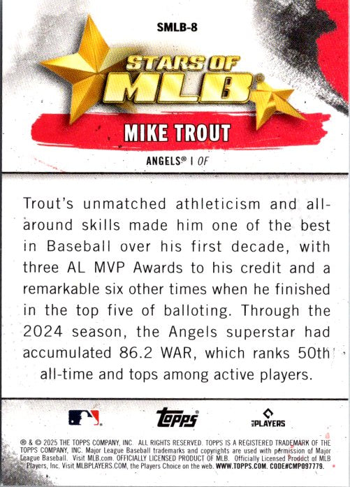 Mike Trout MLB trading card featuring stats and achievements of the baseball superstar