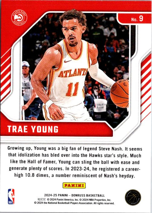 Trae Young trading card from Donruss Panini featuring vibrant design and player stats