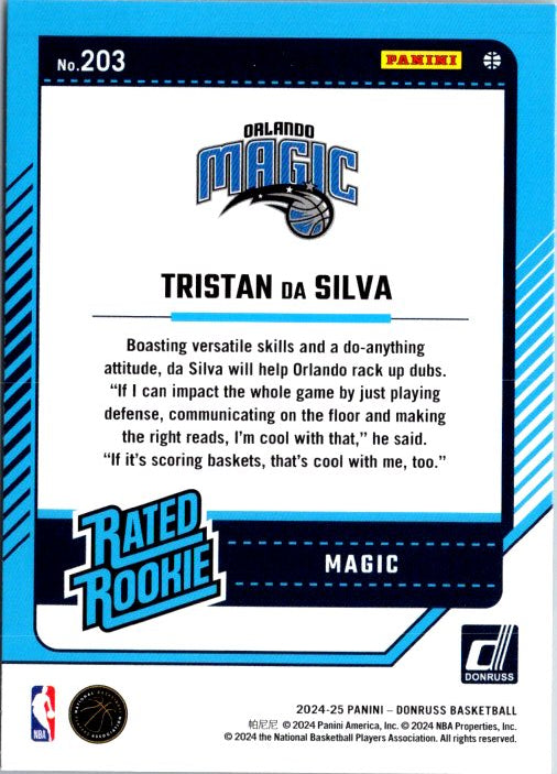 Tristan da Silva rookie card featuring Orlando Magic logo and player's stats for collectors