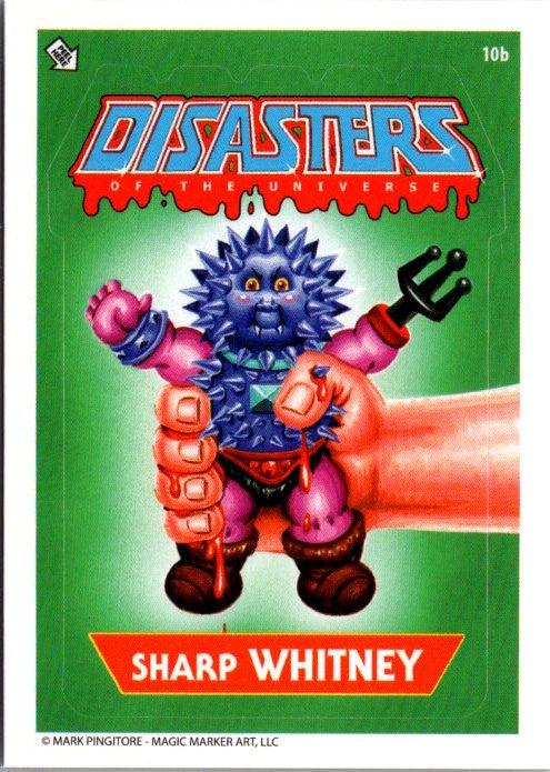 Disasters of the Universe 10B Sharp Whitney collectible card featuring a spiked blue character held by a large hand