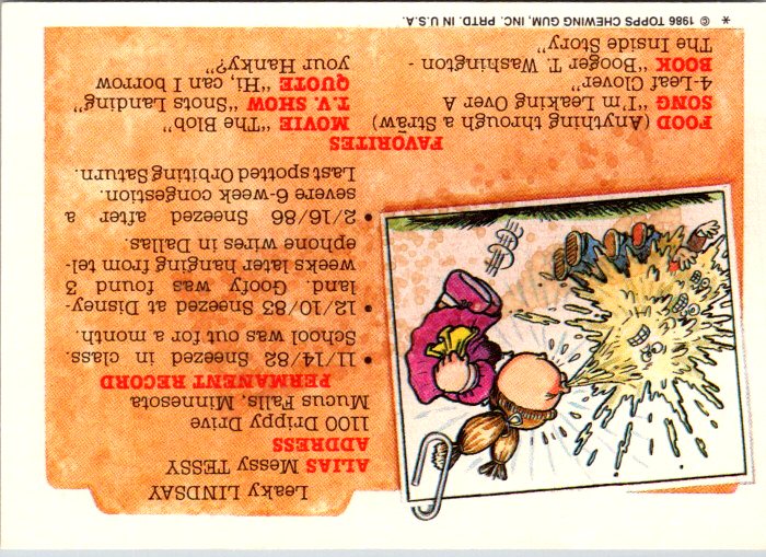170A RICHIE RETCH - GARBAGE PAIL KIDS card featuring Leaky Lindsay with humorous details and stats