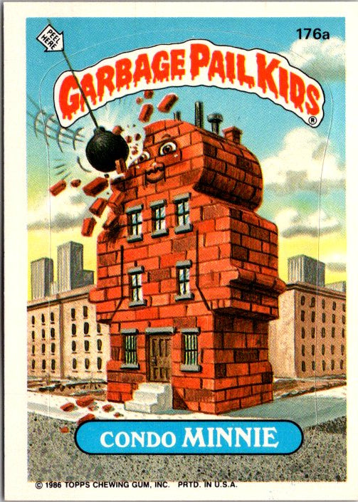 176A CONDO MINNIE - GARBAGE PAIL KIDS trading card featuring a whimsical brick building with cartoon elements
