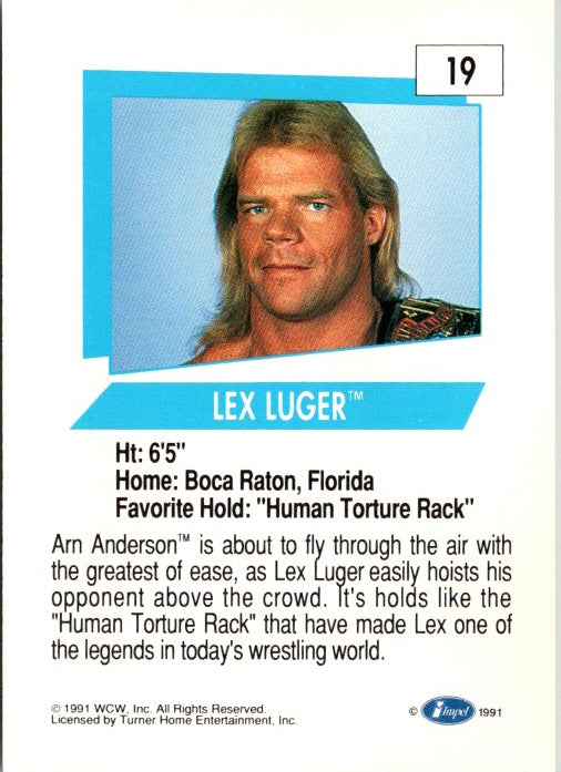 19 LEX LUGER WCW Impel trading card featuring wrestler Lex Luger with stats and favorite move details