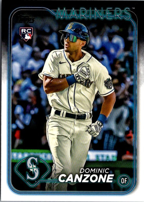 195 Dominic Canzone 2024 Topps Baseball Card featuring the Mariners Outfielder in action