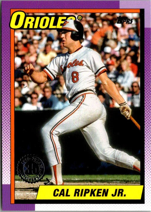 1990 Topps Cal Ripken Jr. card featuring the player in action for the Orioles