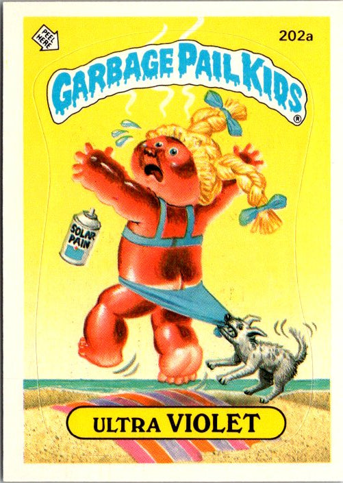 202 ULTRA VIOLET - GARBAGE PAIL KIDS card featuring a playful character with a dog pulling at their shorts