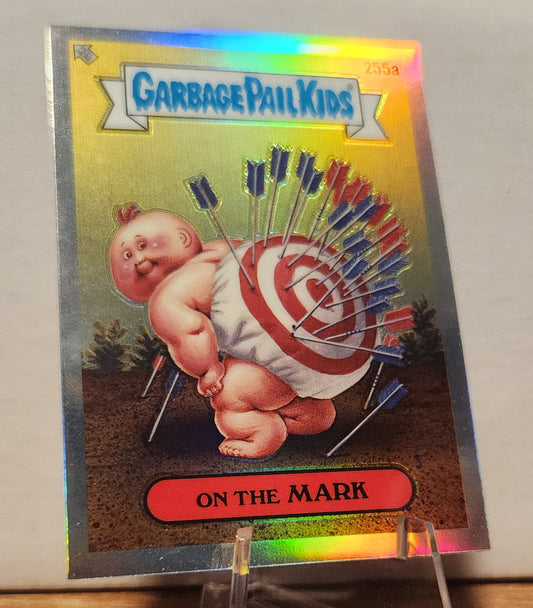 255A ON THE MARK GARBAGE PAIL KIDS-REFRACTOR card featuring a baby with a target on its back and arrows.
