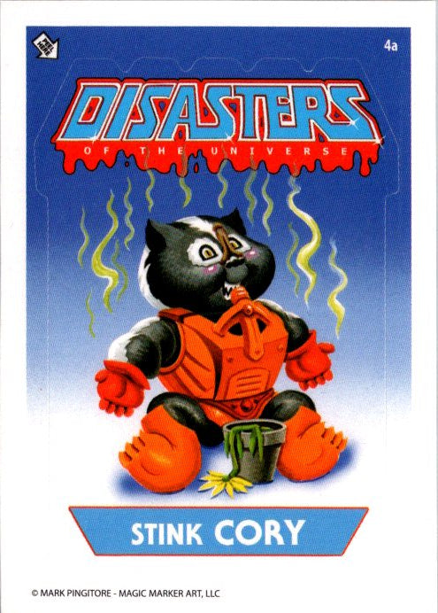 4A Disasters of the Universe trading card featuring Stink Cory character in orange suit with green fumes