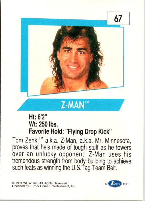 67 Z-MAN WCW Impel trading card featuring Tom Zenk with stats and biography details.