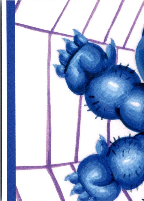 Close-up of 6A Horde Dax Garbage Pail Kids blue creature feet on spider web background from Mark Pingitore