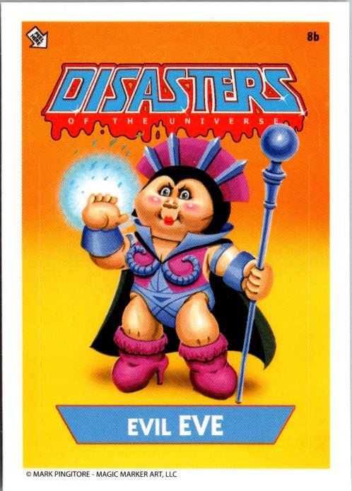 8B Disasters of the Universe trading card featuring Evil Eve character with staff and glowing orb
