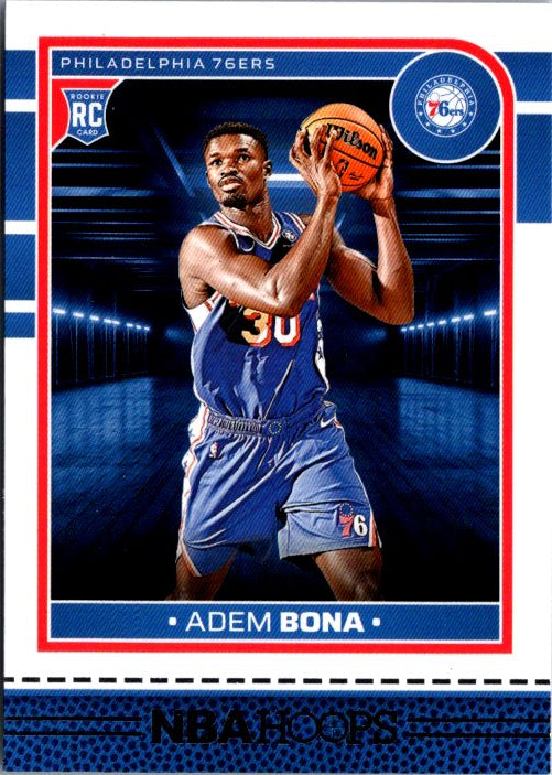 Adem Bona rookie card featuring the Philadelphia 76ers player in action pose with basketball