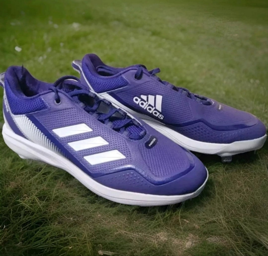 Adidas Icon 7 metal cleats in purple with white stripes for enhanced performance on the field
