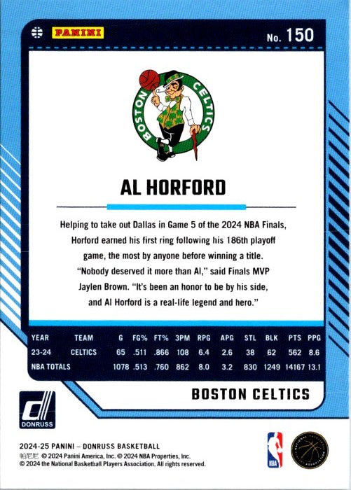 Al Horford trading card featuring player stats and highlights from Boston Celtics 2024 season