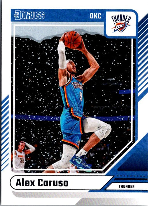 Alex Caruso trading card featuring him in an OKC Thunder uniform performing a jump shot