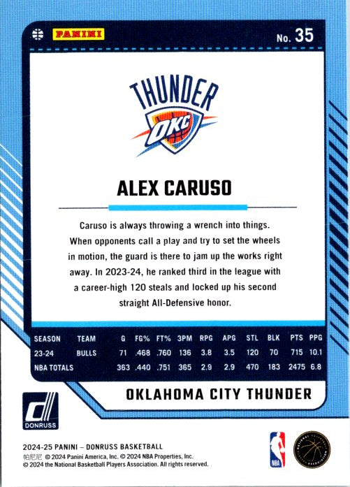 DONRUSS PANINI Alex Caruso trading card featuring player stats and team details for Oklahoma City Thunder
