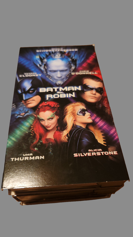 Batman and Robin VHS tape featuring iconic characters and vibrant cover art from the classic movie