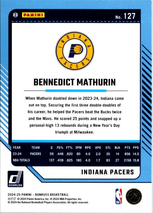 Bennedict Mathurin trading card featuring the Indiana Pacers and player stats from the 2023-24 season