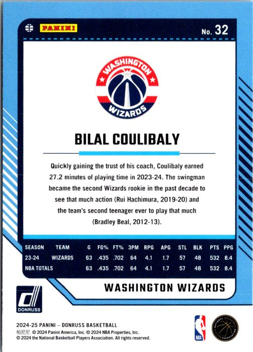 DONRUSS PANINI Bilal Coulibaly rookie card featuring player stats and team information