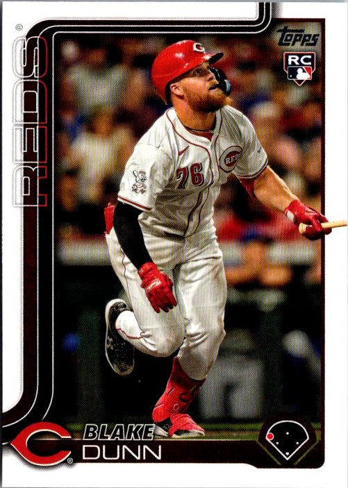 Topps Blake Dunn rookie card featuring Dunn in a Cincinnati Reds uniform at bat