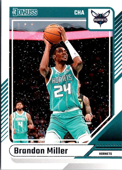 Brandon Miller trading card featuring the player in teal Hornets uniform shooting a basketball