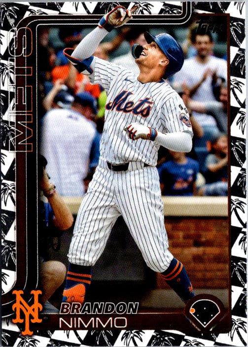 Topps Brandon Nimmo trading card featuring the New York Mets player celebrating during a game