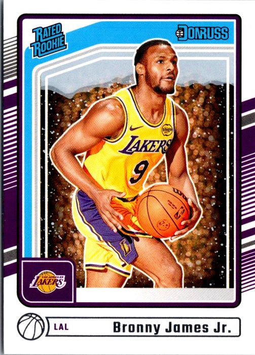 DONRUSS PANINI Bronny James rookie card featuring him in a Lakers jersey with a basketball