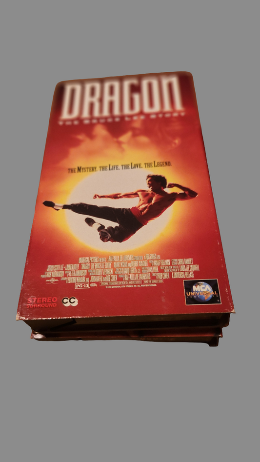 Dragon VHS tape featuring Bruce Lee VHS collectible with iconic action scene on cover