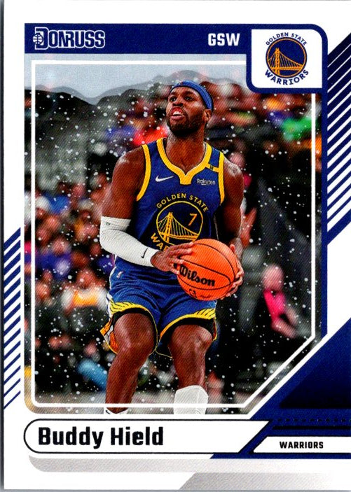 Buddy Hield trading card featuring him in a Golden State Warriors jersey with basketball