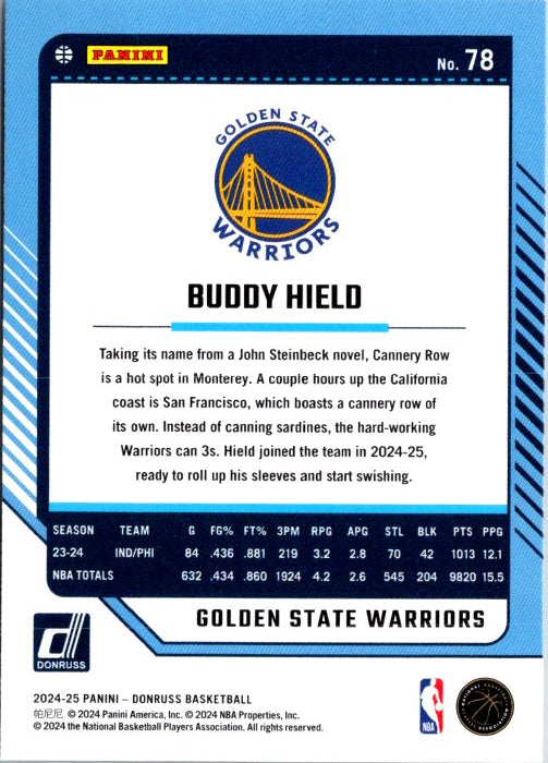 Buddy Hield trading card from Donruss Panini featuring player stats and Golden State Warriors logo
