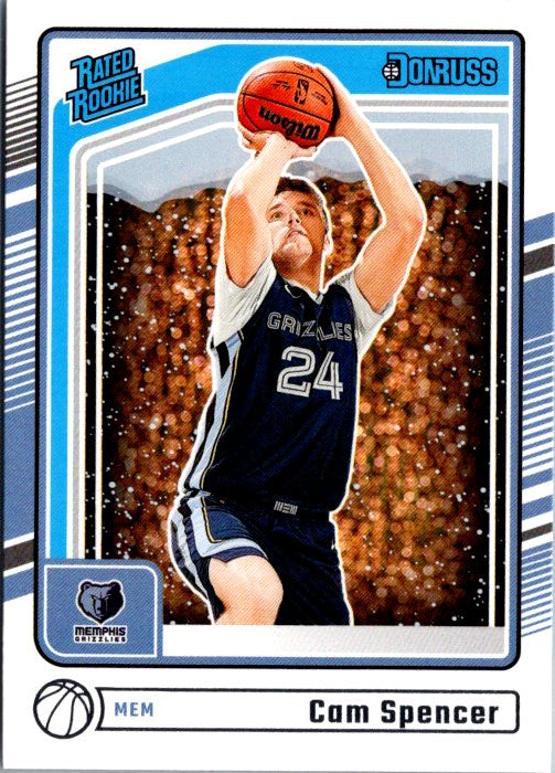 DONRUSS PANINI Cam Spencer rookie card featuring him shooting a basketball with a vibrant background