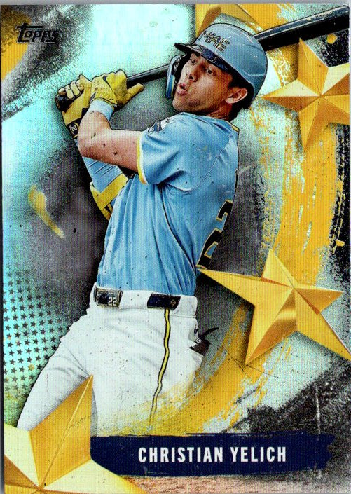 Topps Christian Yelich trading card featuring the player in a batting pose with a vibrant background