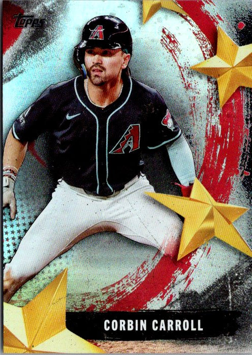 Topps Corbin Carroll trading card featuring the player in action with a vibrant design