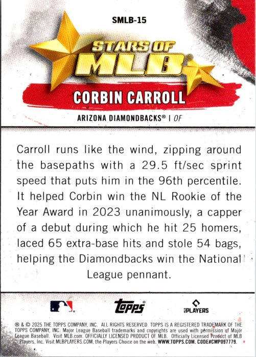 Topps Corbin Carroll trading card featuring stats and highlights from his rookie season