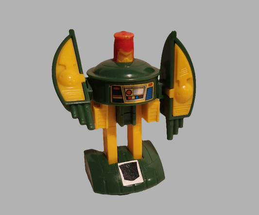 Cosmos Transformers toy in green and yellow with winged arms and a retro design