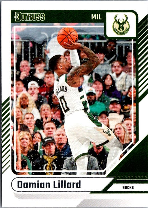 Damian Lillard trading card featuring him shooting a basketball for the Milwaukee Bucks