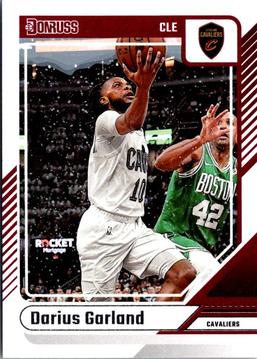Darius Garland trading card featuring the player in action during a game, showcasing the Cavaliers jersey