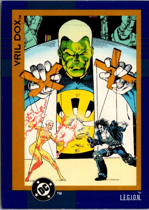 DC Comics VRIL DOX collectible card featuring vibrant artwork of characters in dynamic action