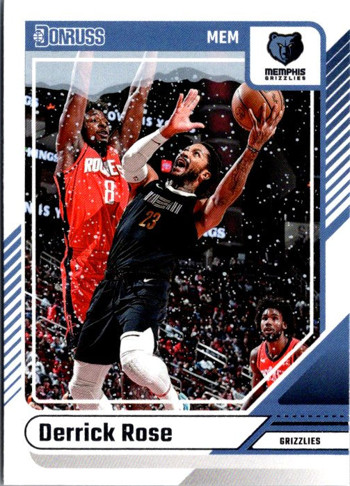 Derrick Rose trading card featuring an action shot with Memphis Grizzlies design elements